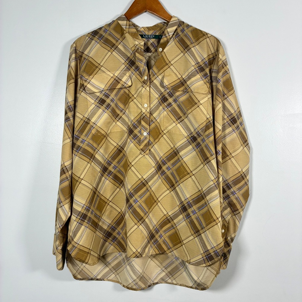 Lauren Ralph Lauren Blouse XL Tan Plaid Preppy Classic Academia Office Timeless